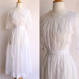 Vintage Antique 1900s 1910s Dress, Edwardian White Cotton And Lace Embroidered